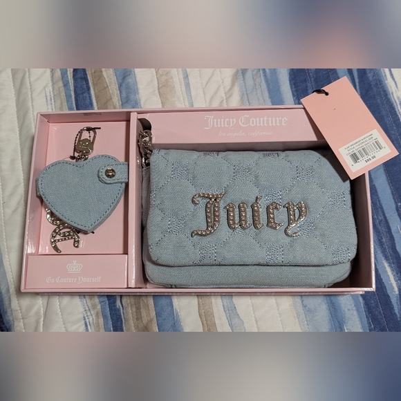 Juicy Couture Handbags - The Juicy Couture Gothic Denim Crossbody Bag & Mirror Bling Keychain Boxed Set
